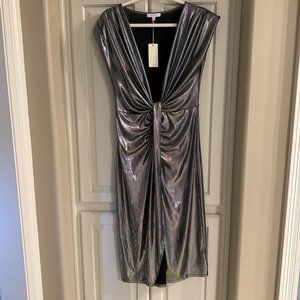 Silver Metallic Plunge Neckline Cocktail Dress